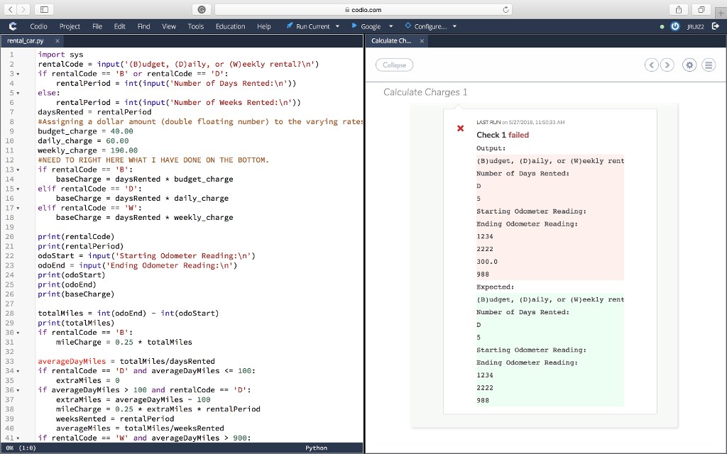 import sys rentalCode = input('(B)udget, (D)aily, or (W)eekly rental? ') if rentalCode