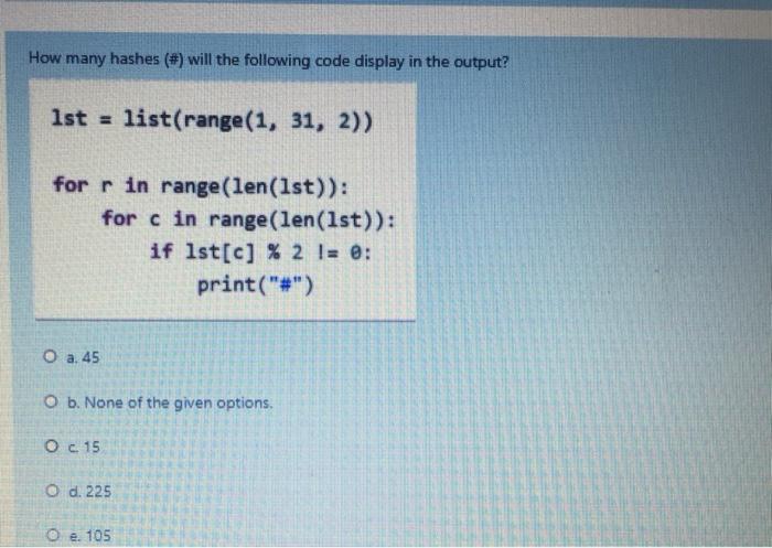  How many hashes (#) will the following code display in the