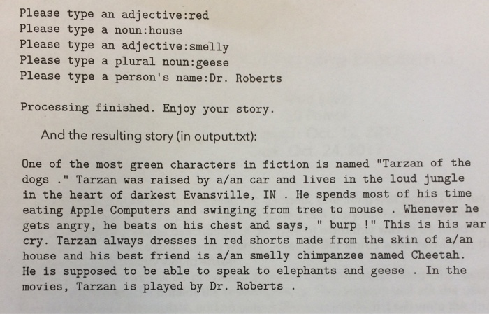 a story with several blanks that were labelled with a part of