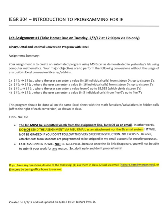 Your assignment is to create an automated program using MS Excel