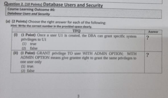  Question 2.(10 Points) Database Users and Security Course Learning Outcome $6