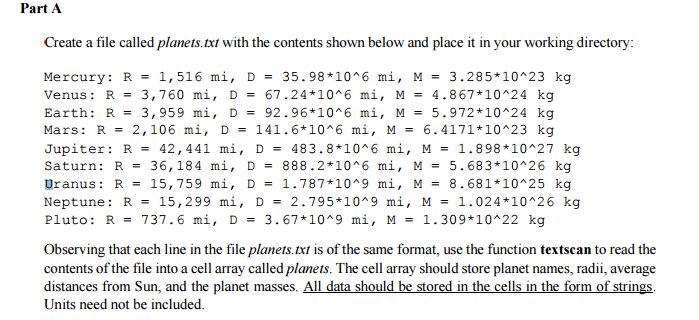 using matlab Create a file called planets.txt with the contents shown below