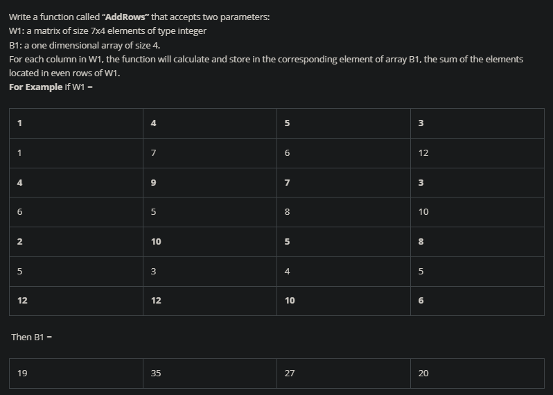 in c++ please Write a function called "AddRows that accepts two parameters: