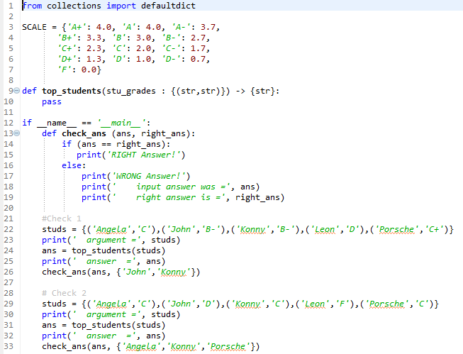 PYTHON Complete top_students function The function takes studs as an argument then