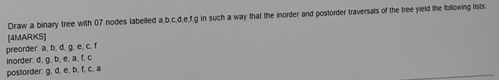  Draw a binary tree with 07 nodes labelled a b,c,d,elg in