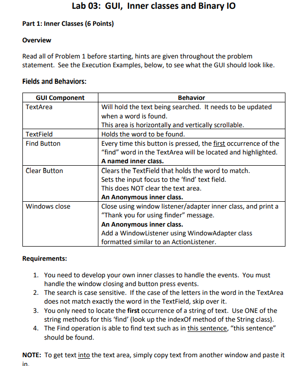  PLEASE ONLY USE VERY BASIC JAVAFX Lab 03: GUI, Inner classes