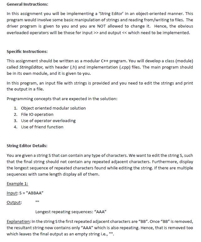  General Instructions: In this assignment you will be implementing a 'String