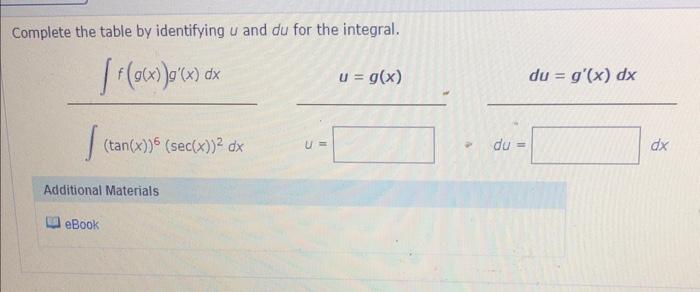  Complete the table by identifying u and du for the integral.