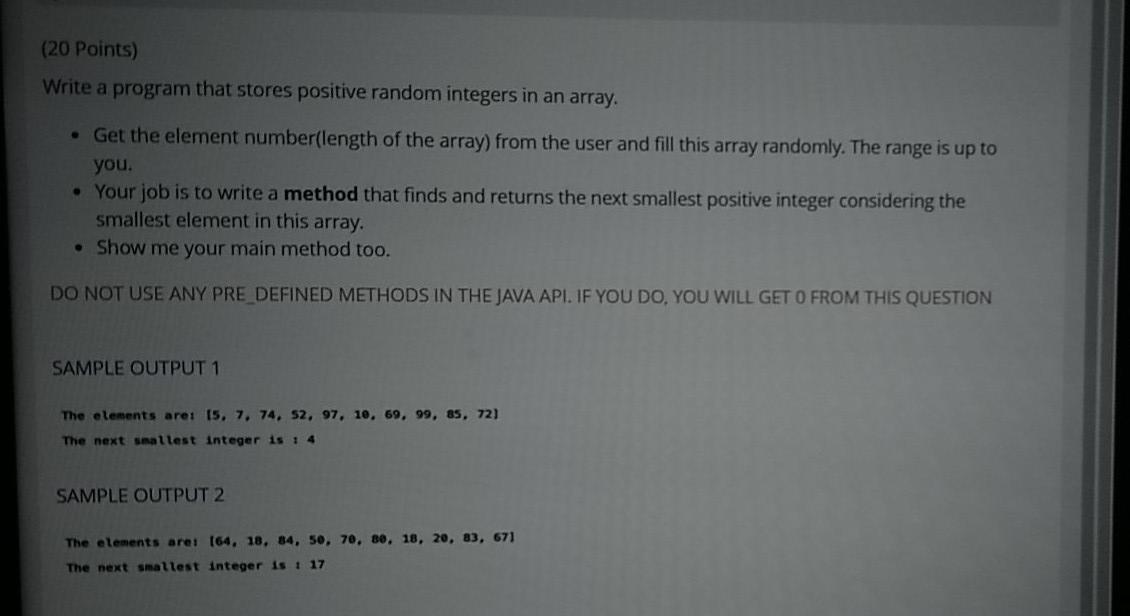  java code (20 Points) Write a program that stores positive random