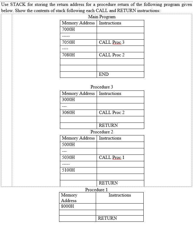  Use STACK for storing the return address for a procedure return