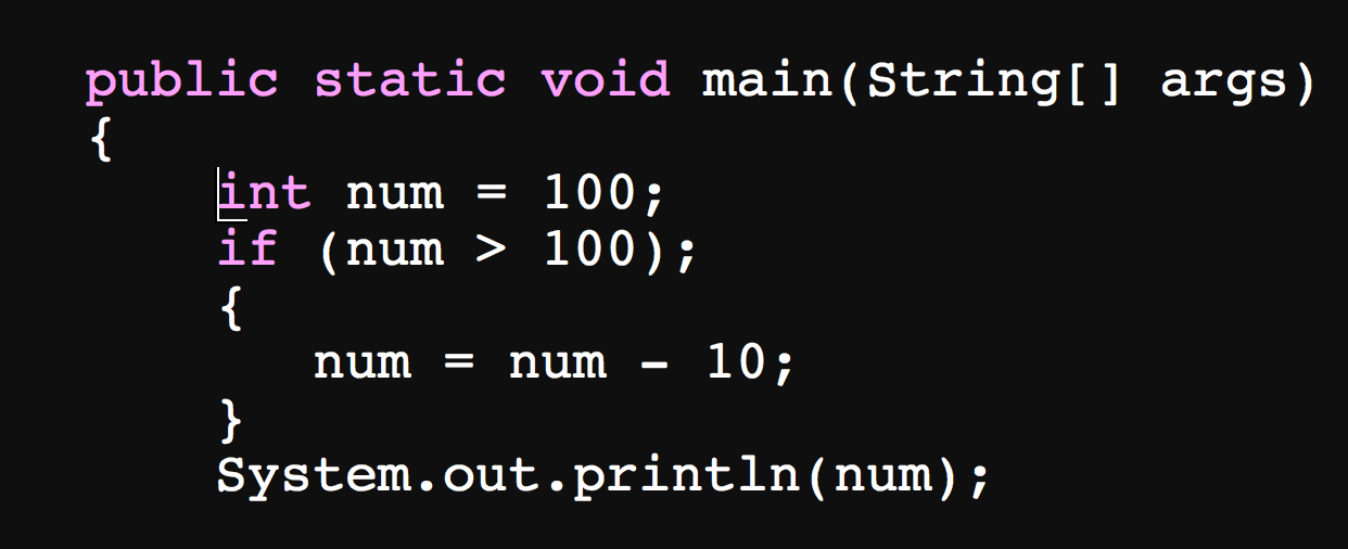 The program states that "num - 10" if "num >100". However, num