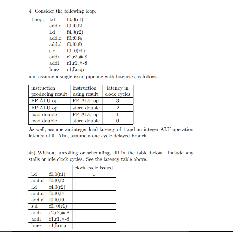 4. Consider the following loop Loop: d 0,0(rl) add.d f0,fo,f2 l.d