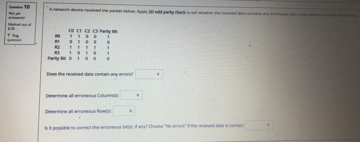  A network device received the packet below. Apply 2D odd parity