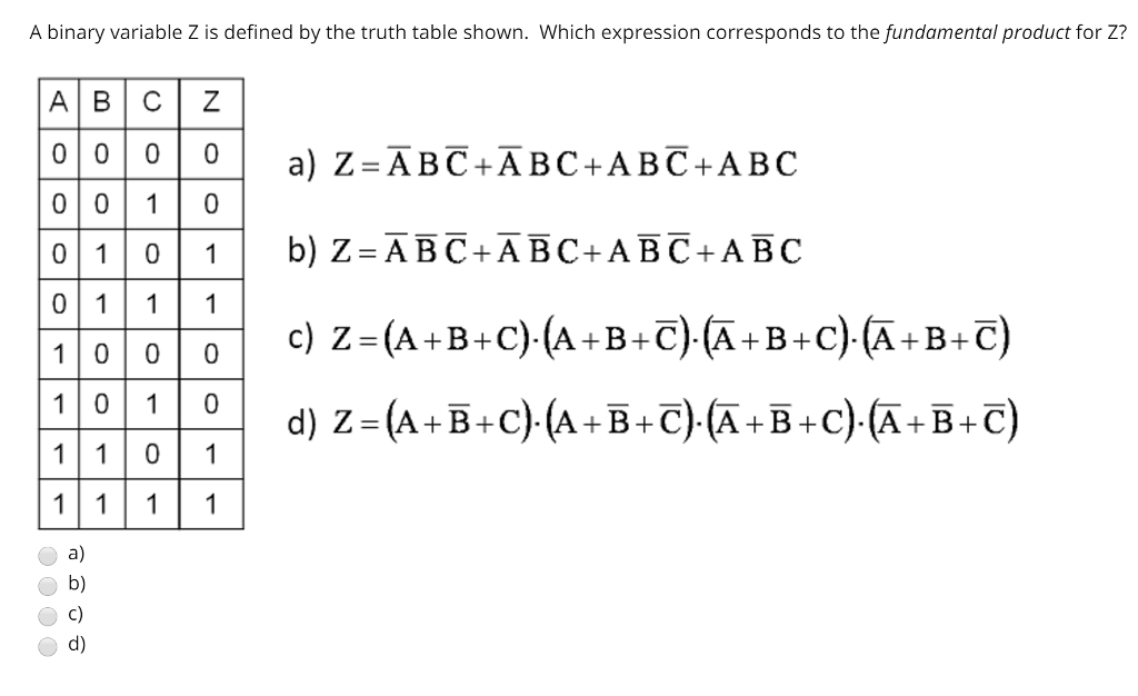 A binary variable Z is defined by the truth table shown.