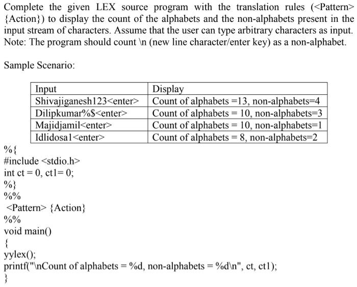  Complete the given LEX source program with the translation rules (