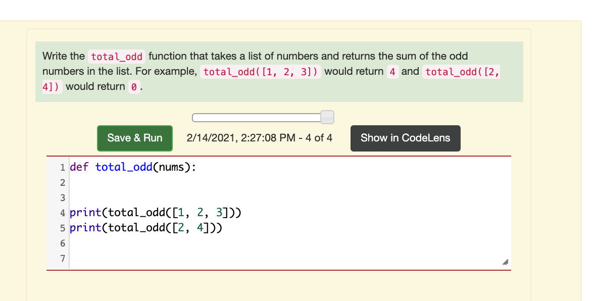 [Python] Write the total_odd function that takes a list of numbers and