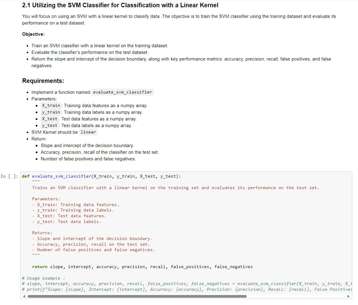  In []: def evaluate_svm_classifier(X_train, y_train, X_test, y_test): "."" Trains an SVM