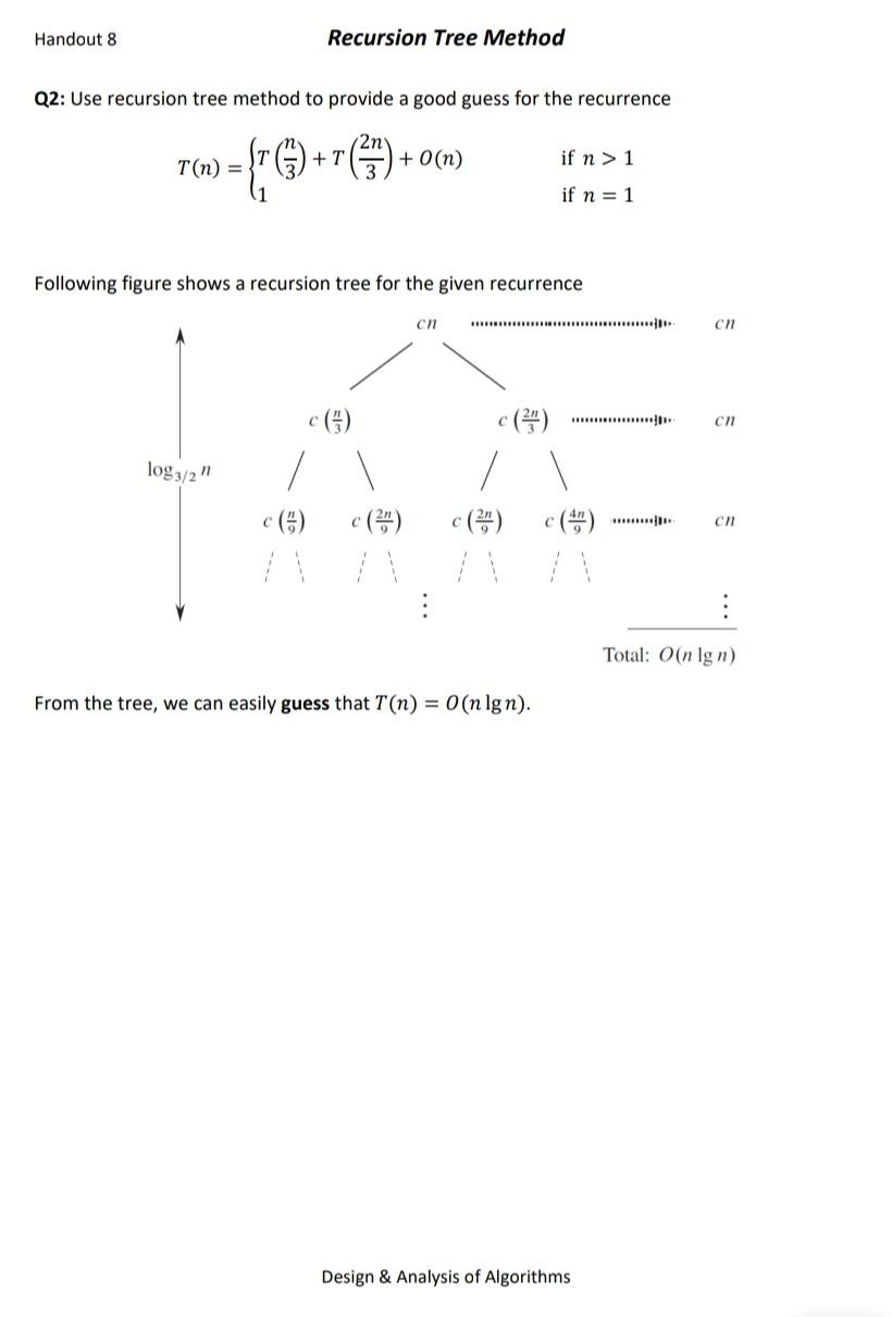  kindly solve Q2: Use recursion tree method to provide a good