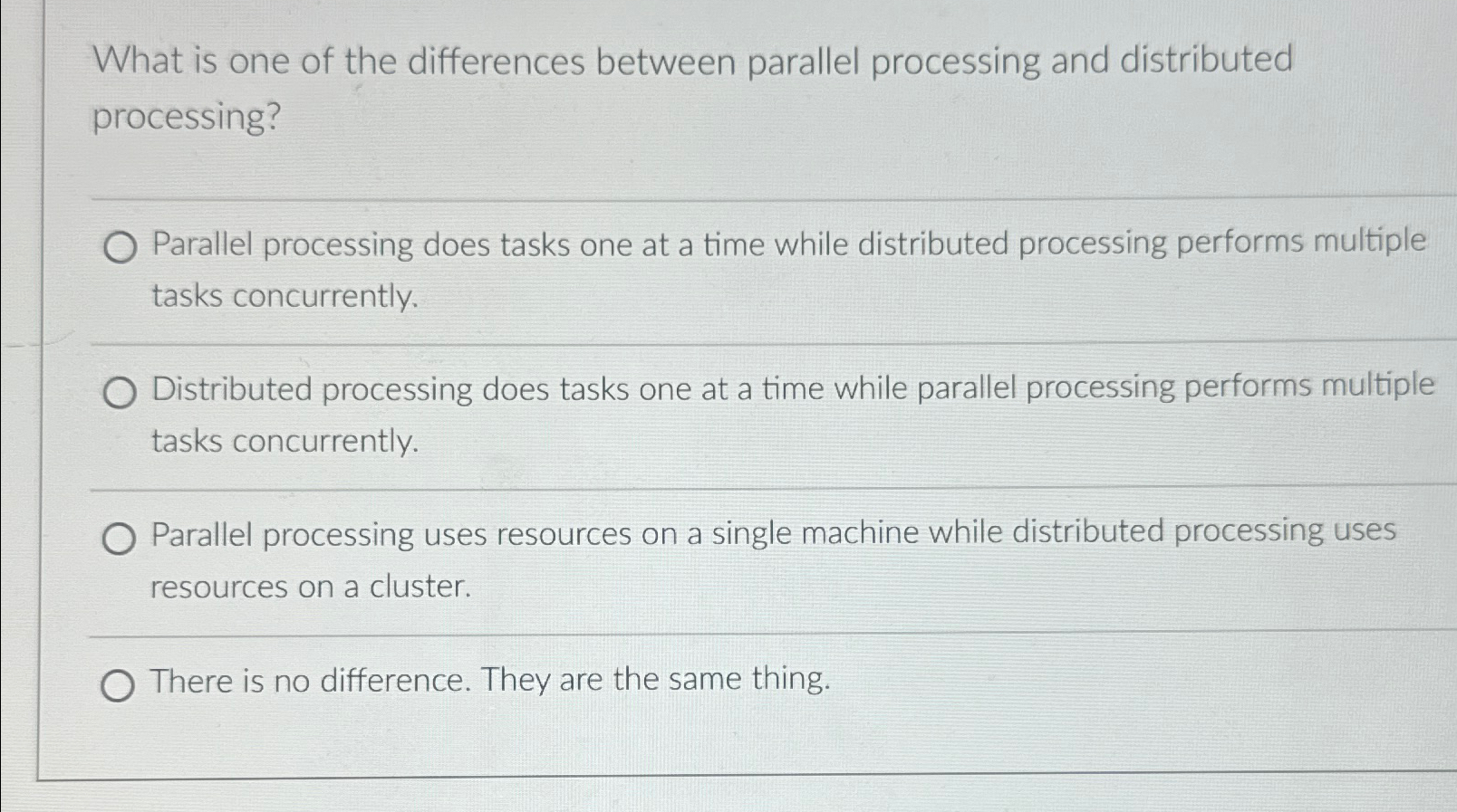  What is one of the differences between parallel processing and distributed