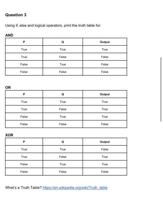  Question 3 Using if..else and logical operators, print the truth table