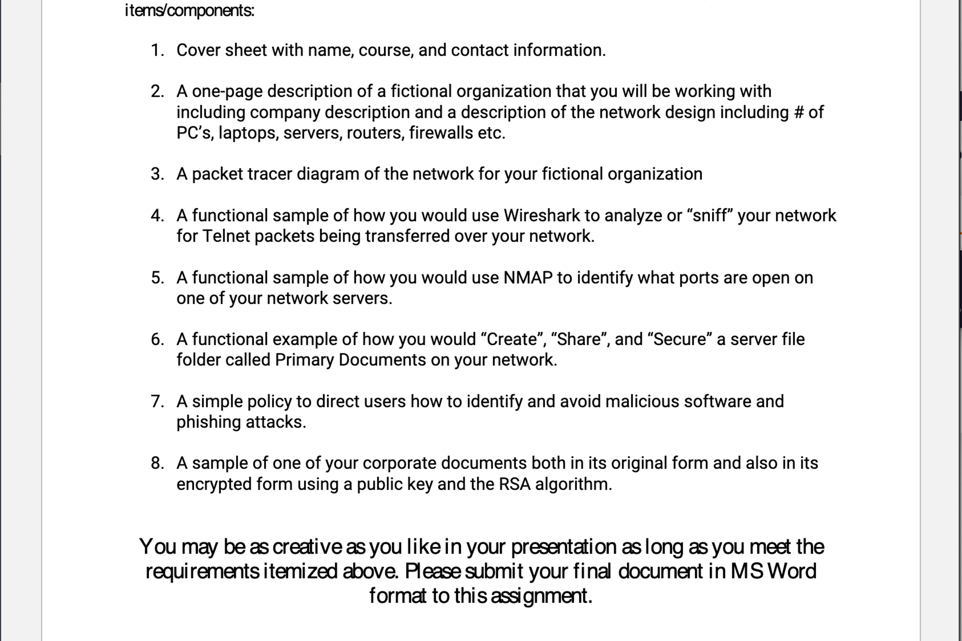  items/components: Cover sheet with name, course, and contact information. A one-page