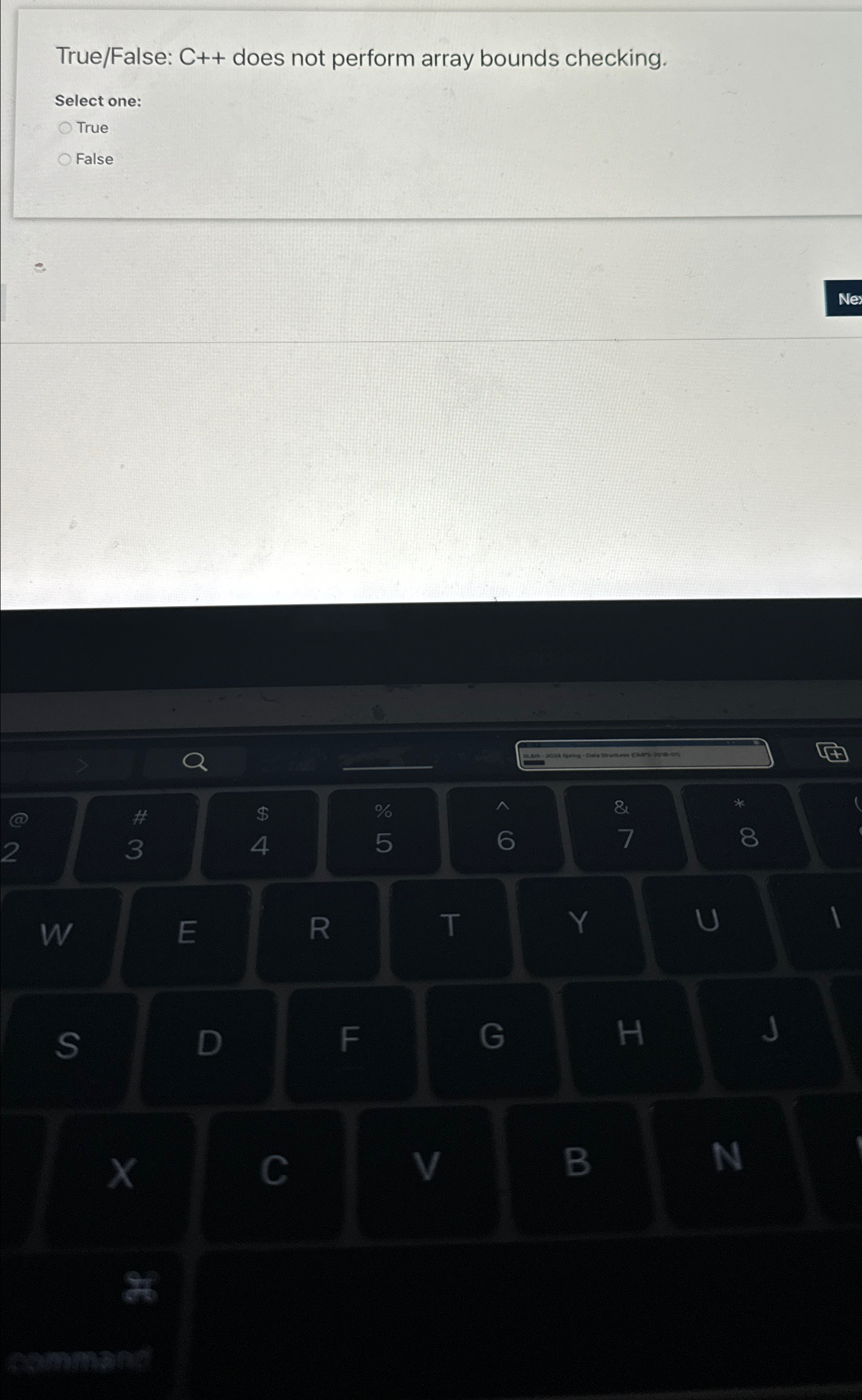  True/False: C++ does not perform array bounds checking. Select one: True