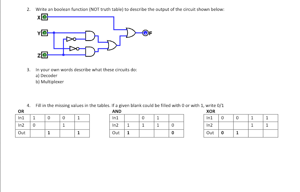  2. Write an boolean function (NOT truth table) to describe the