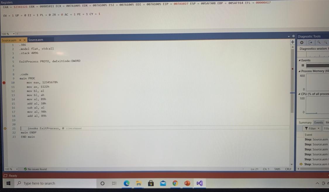  Debug through each line of code and explain the register content