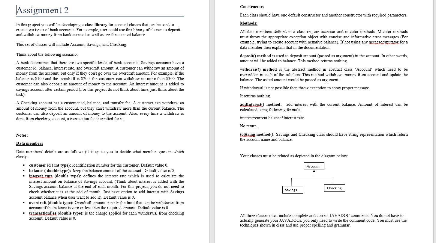  Constructors |Assignment 2 Each class should have one default constructor and
