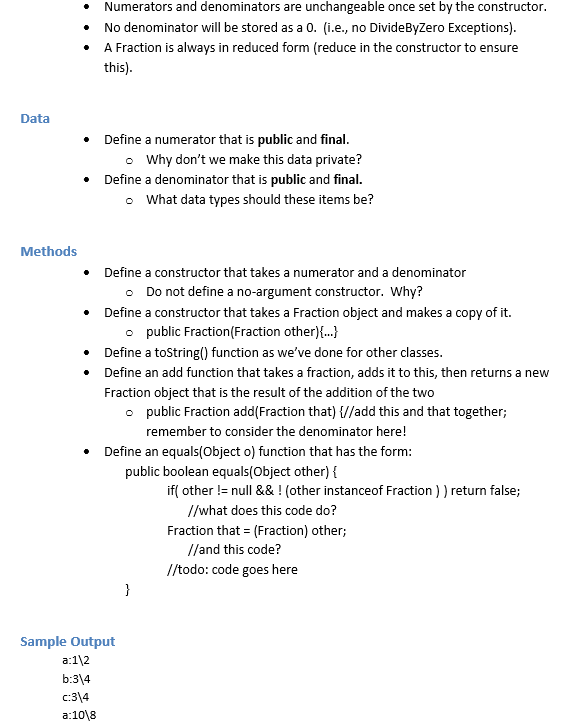 Fraction class that is unchangeable once initialized and uses the keyword final