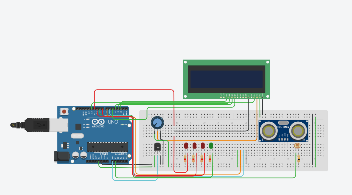 Please Help make corrections: GIven: Breadboard, Arduino,ultrasonic sensor, potentiometer, 3 red leds,