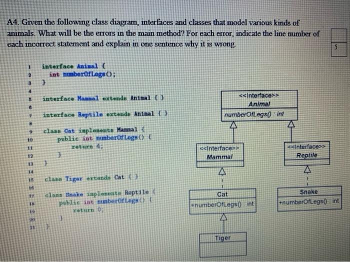  A4. Given the following class diagram, interfaces and classes that model