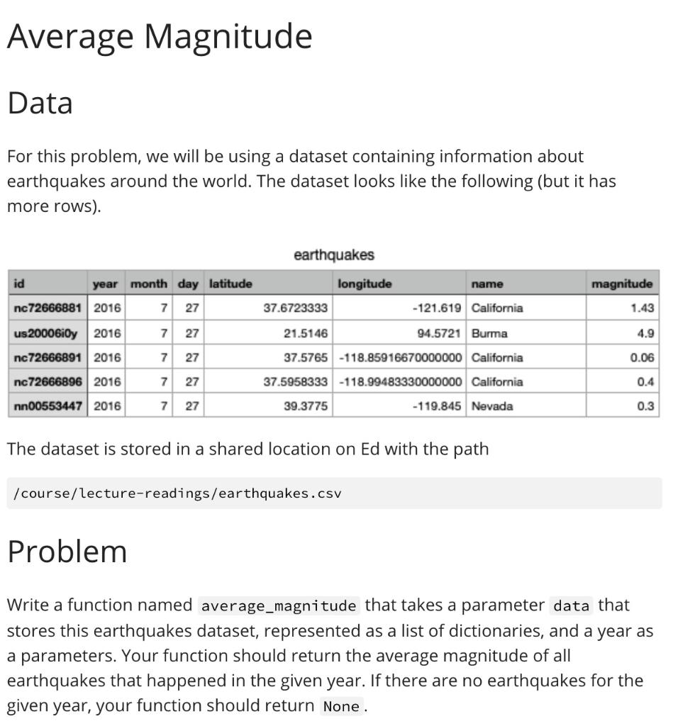 python programing Average Magnitude Data For this problem, we will be using