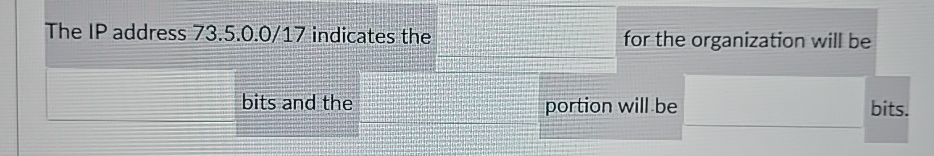  The IP address 73.5.0.0/17 indicates the for the organization will be