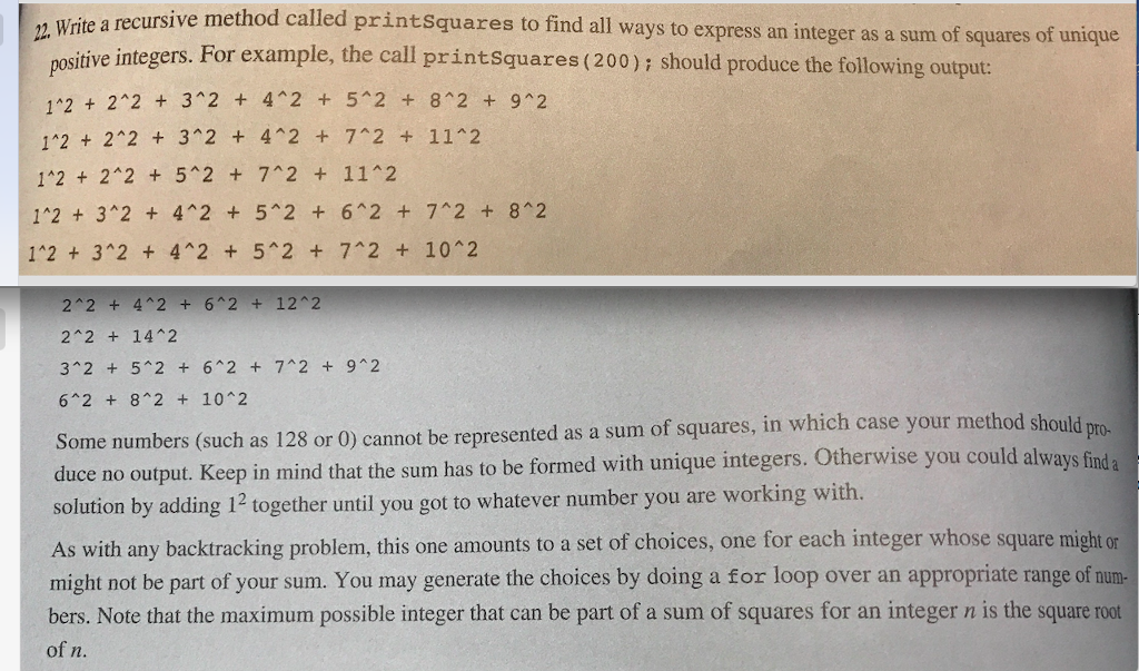  Write a recursive method called printSquares to find all ways express