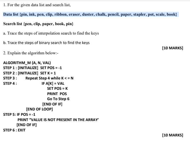  1. For the given data list and search list, Data list
