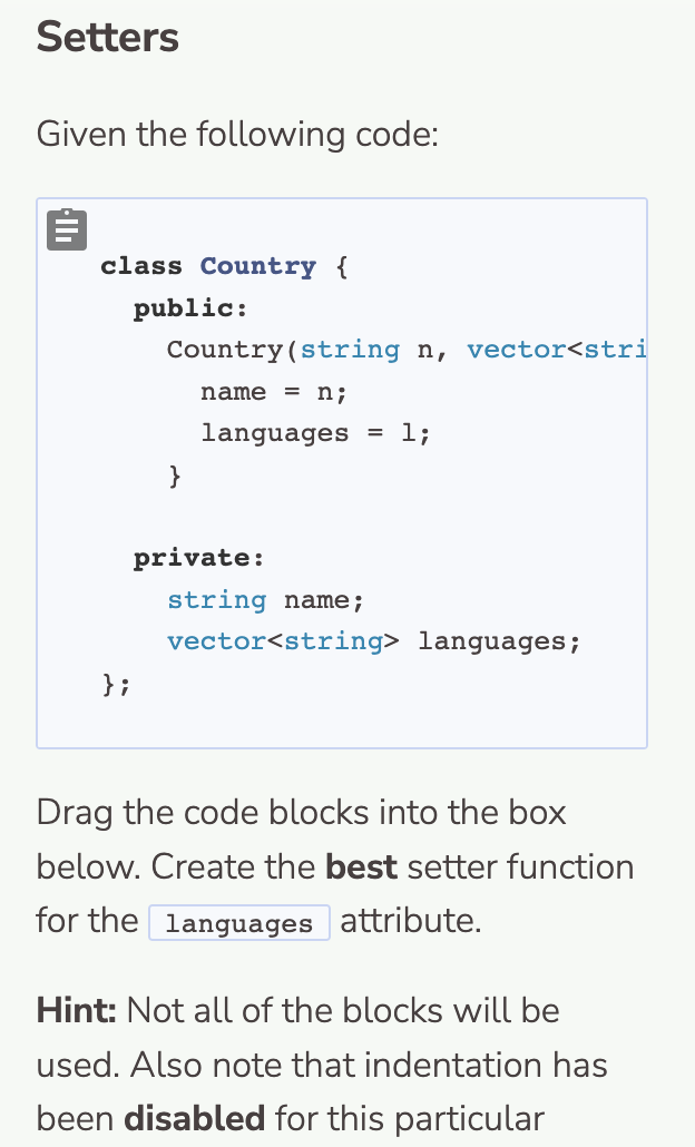 Given the following code: class Country \{ public: Country(string n, vector=n;