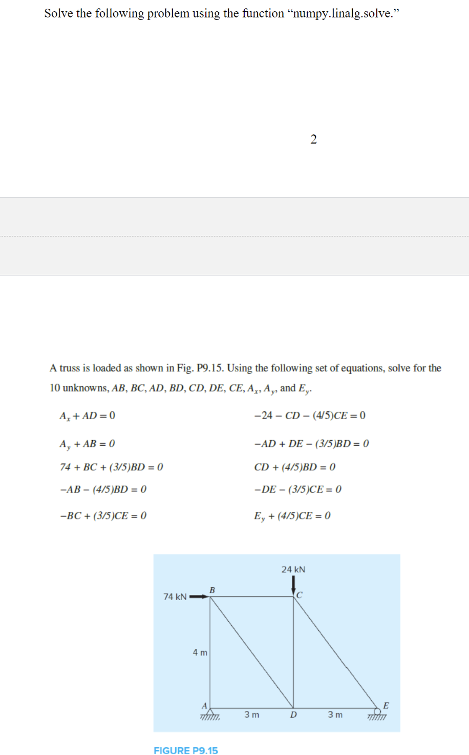  Solve the following problem using the function "numpy.linalg.solve." 2 A truss