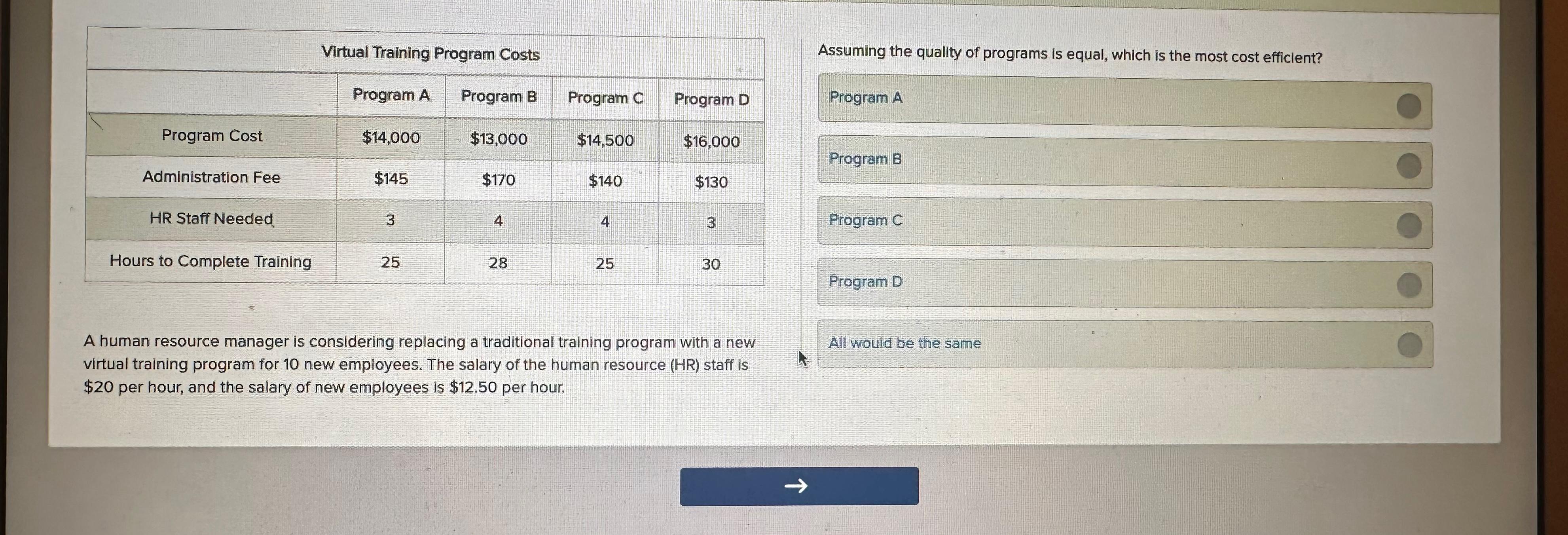  \table[[Virtual Training Program Costs],[,Program A,Program B,Program C,Program D],[Program Cost,$14,000,$13,000,$14,500,$16,000 