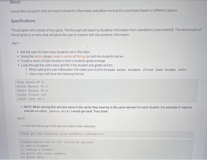  About I would like a program that will read in student's