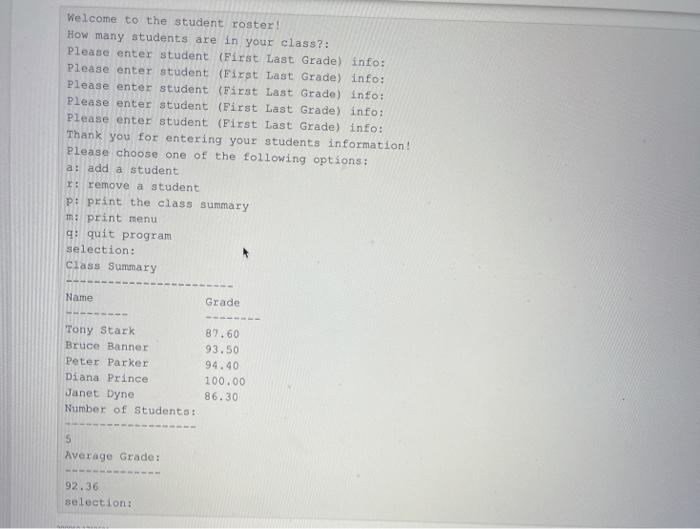 part of the program is a menu that will allow the user