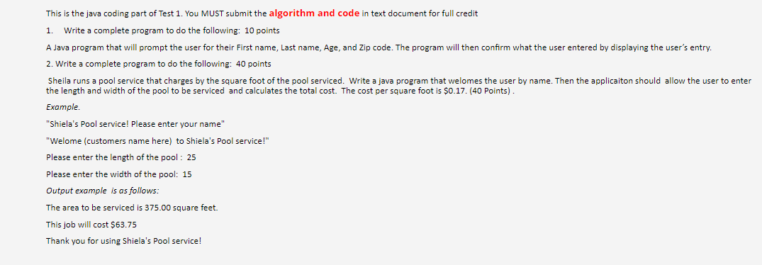 In Java This is the java coding part of Test 1. You