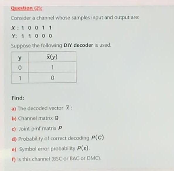  Do it asap Question (2): Consider a channel whose samples input