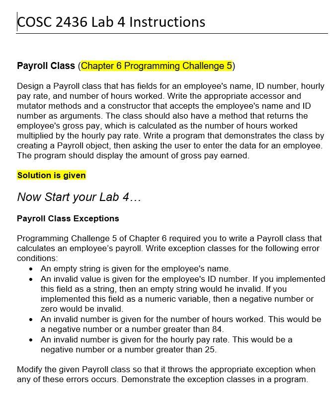 | COSC 2436 Lab 4 Instructions Payroll Class (Chapter 6 Programming