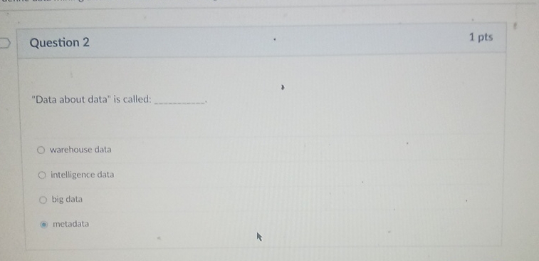  Question 2 1 pts "Data about data" is called: warehouse data