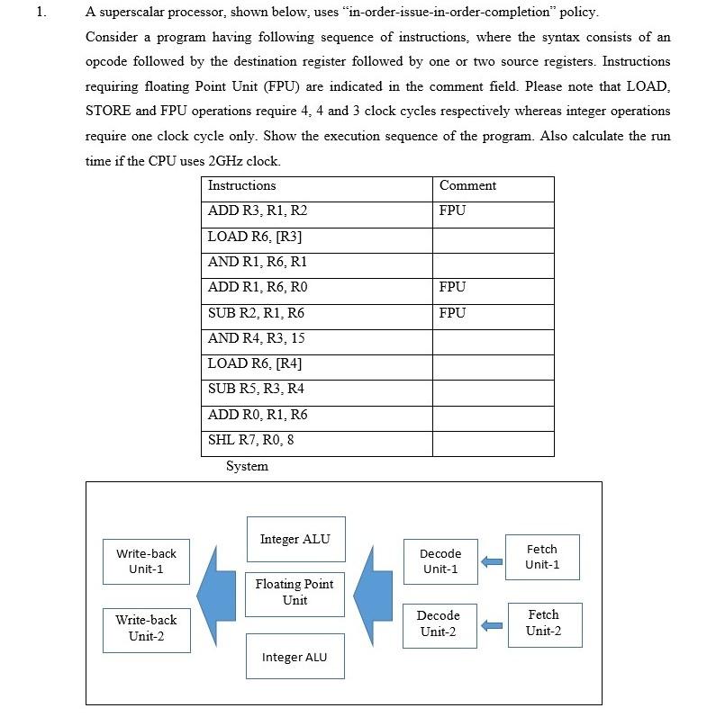  1. A superscalar processor, shown below, uses in-order-issue-in-order-completion" policy. Consider a