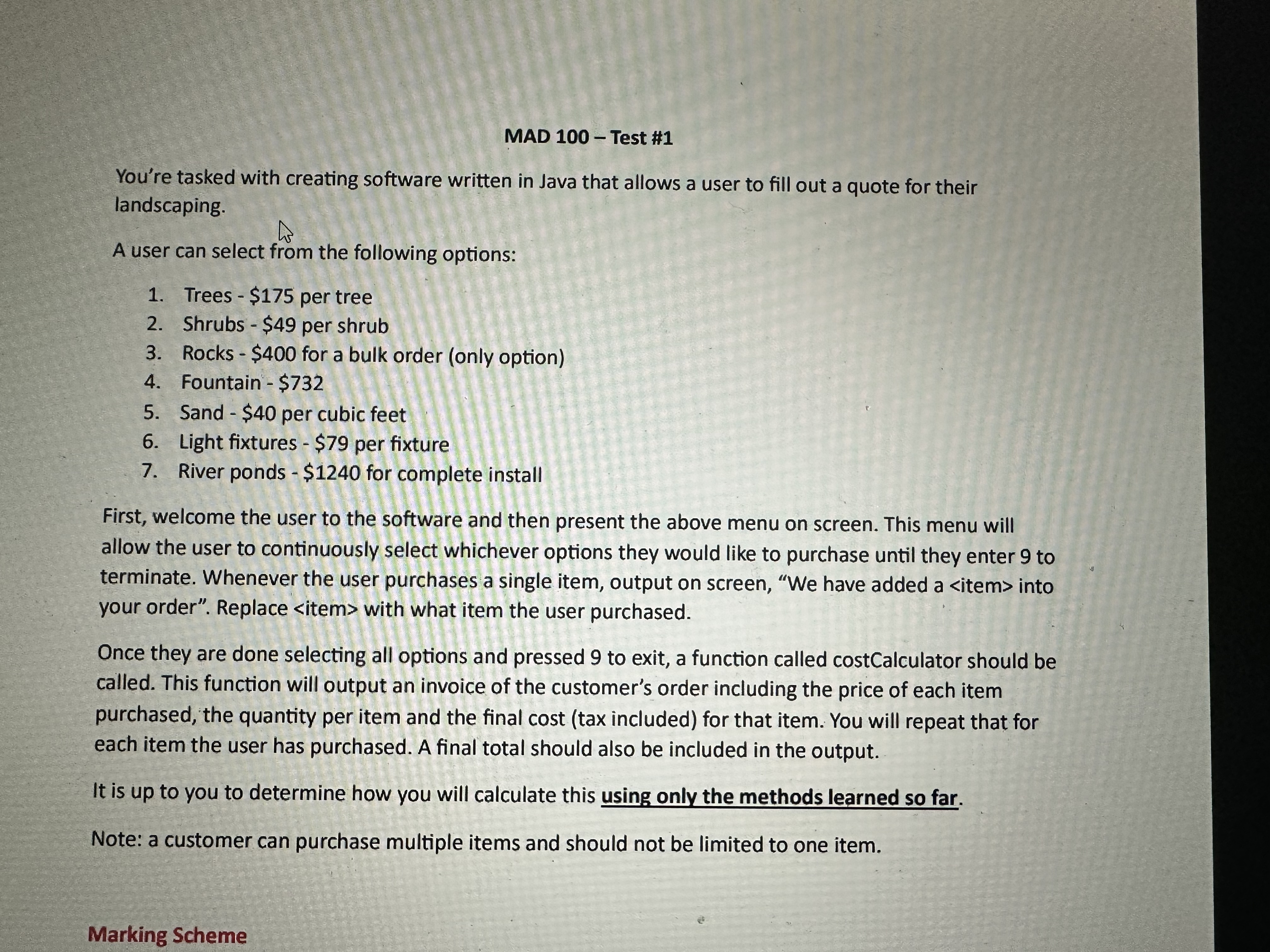  MAD 100- Test #1 You're tasked with creating software written in