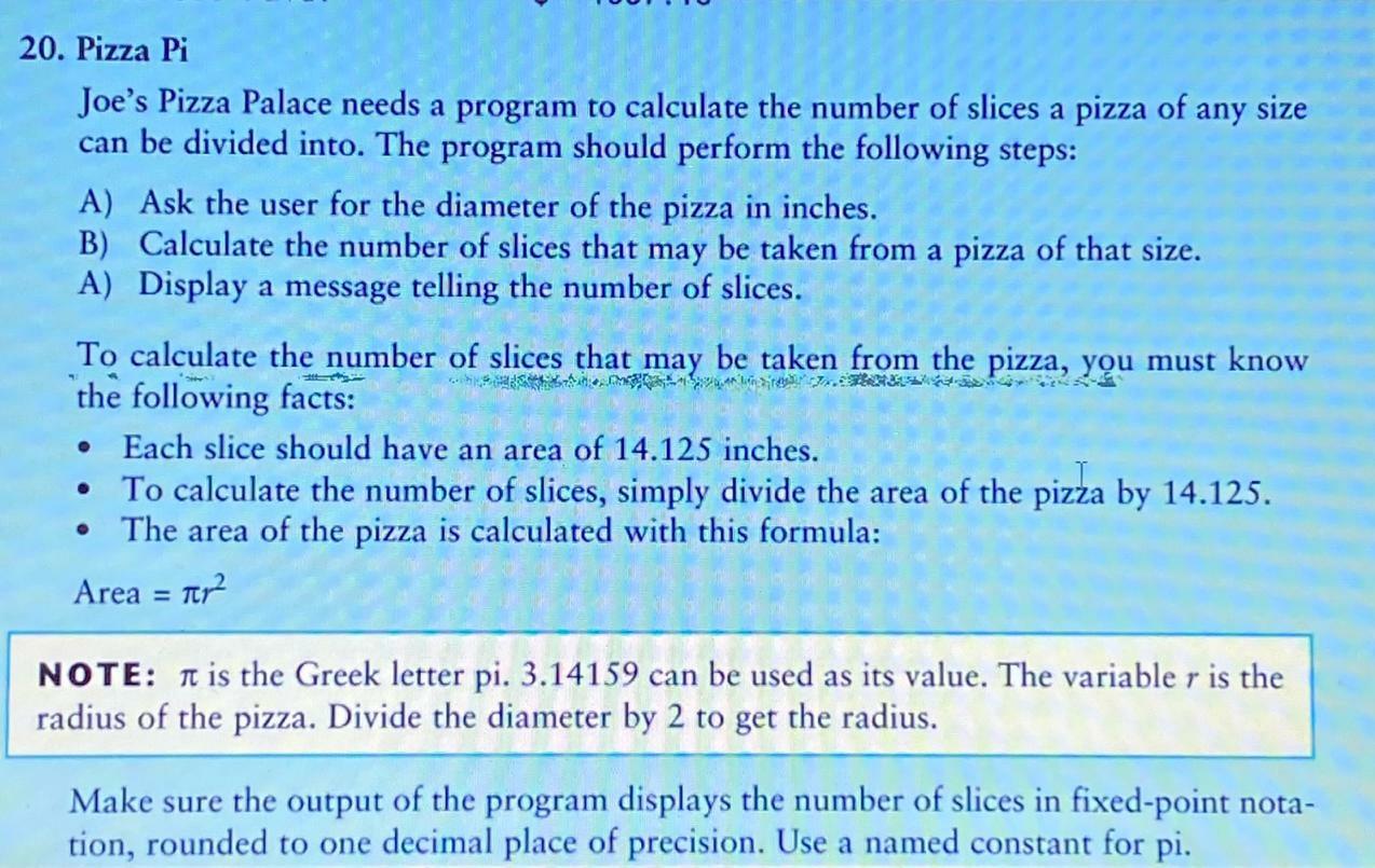  codeblock program 20. Pizza Pi Joe's Pizza Palace needs a program