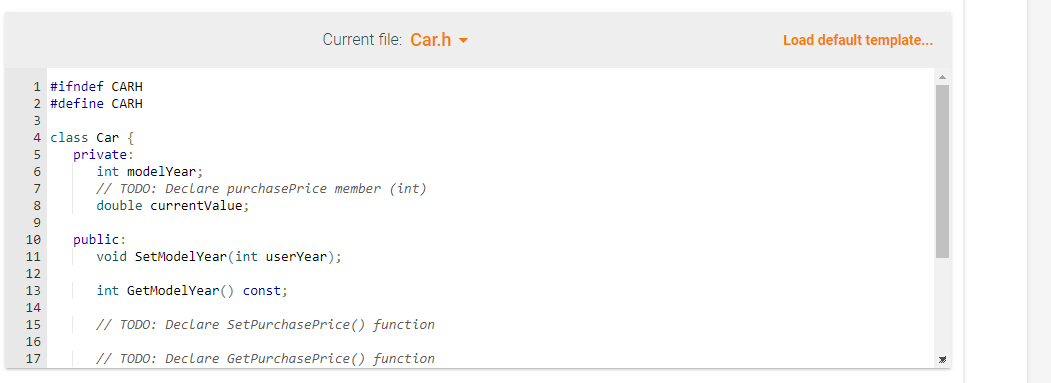 - Load default template... \begin{tabular}{l|l} 10 & public: \\ 11 & void