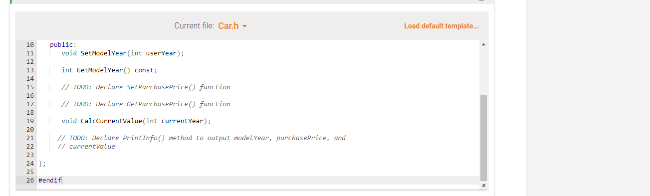 SetModelYear(int userYear); \\ 12 & \\ 13 & int GetModelYear() const; \\